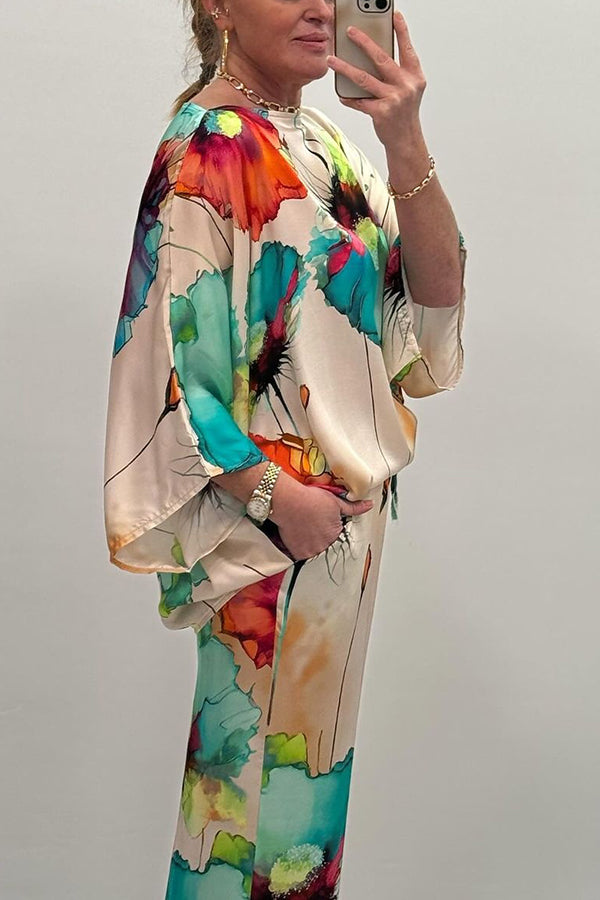 Satin Botanical Print Crew Neck Top and Elastic Waist Loose Pocket Pants Set