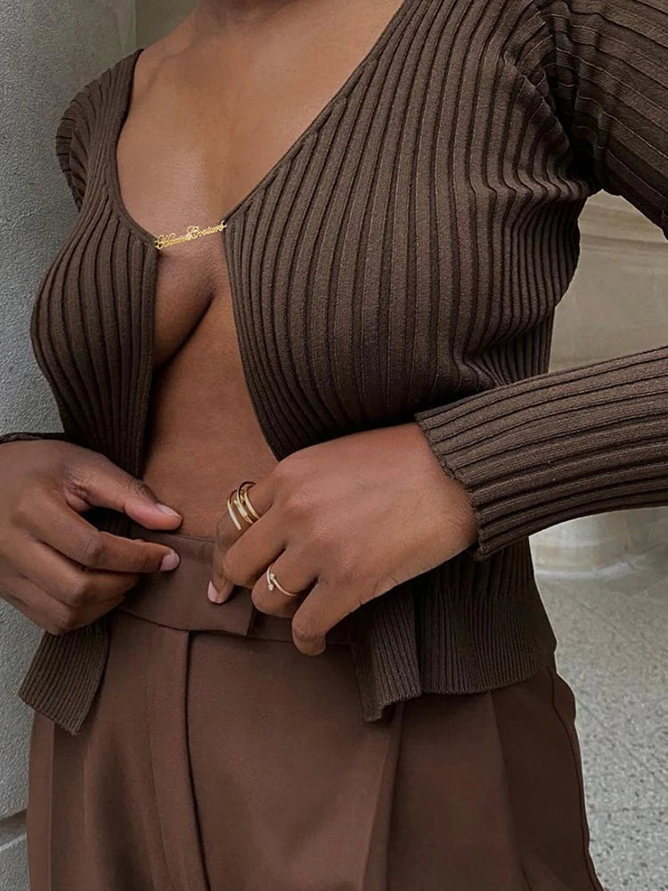 Knitted Long Sleeve Cardigan Sweaters for Shirts Ribbed Knit Cropped Tops Pullovers Femme