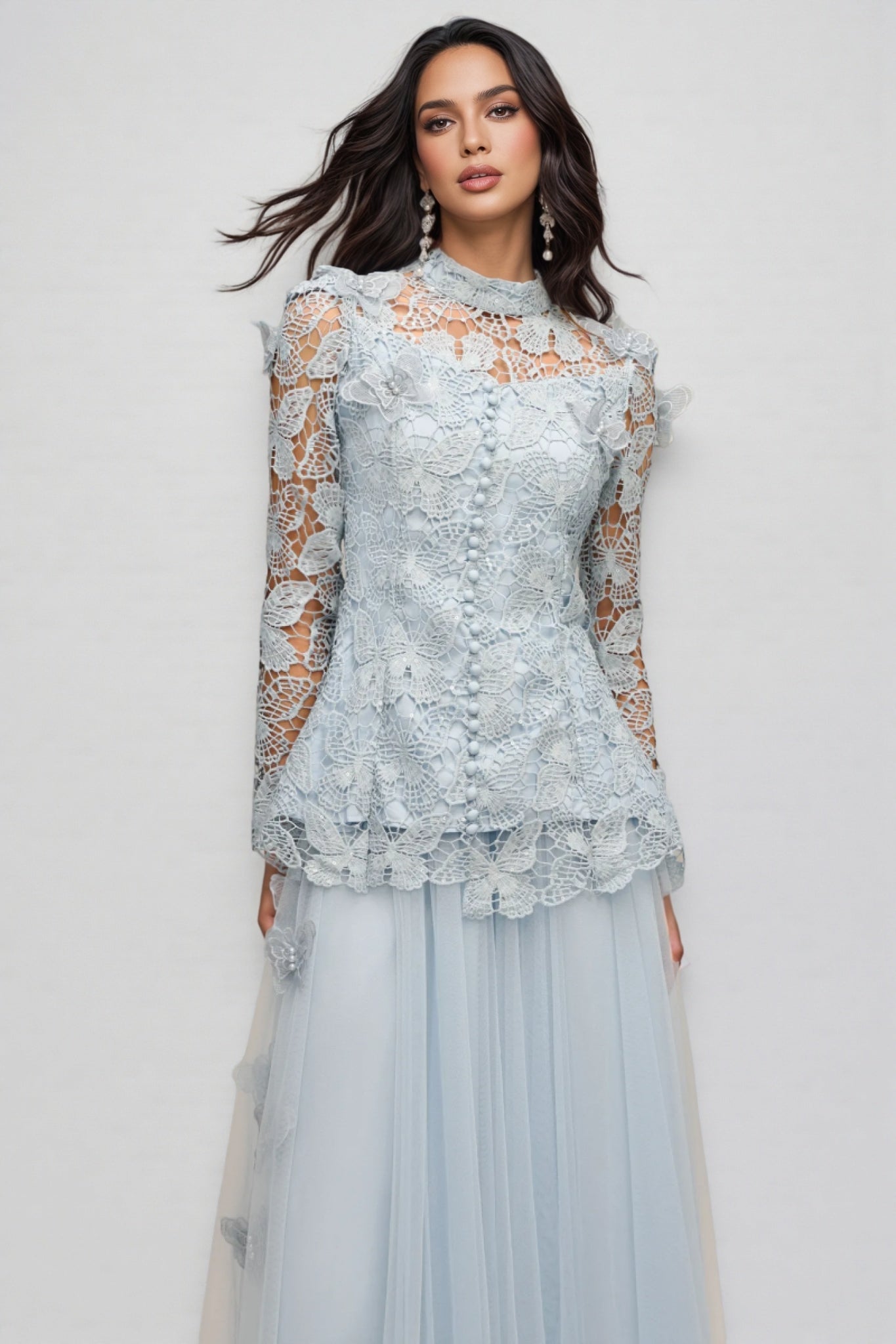 Hurof Folds Lace Butterfly Top Dress Two-piece Set