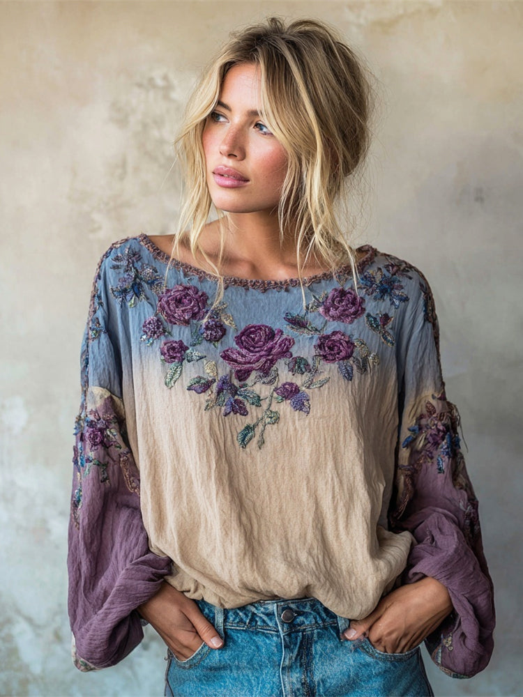 Boho Romantic Floral Embroidery Gradient Women's Linen Loose Shirt elevenforest