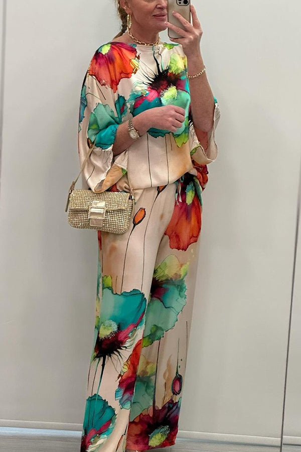Satin Botanical Print Crew Neck Top and Elastic Waist Loose Pocket Pants Set