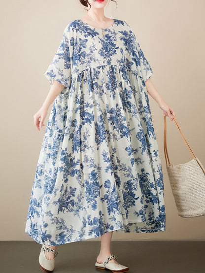 Loose Short Sleeves Printed Pleated Split-joint Round-neck Midi Dresses
