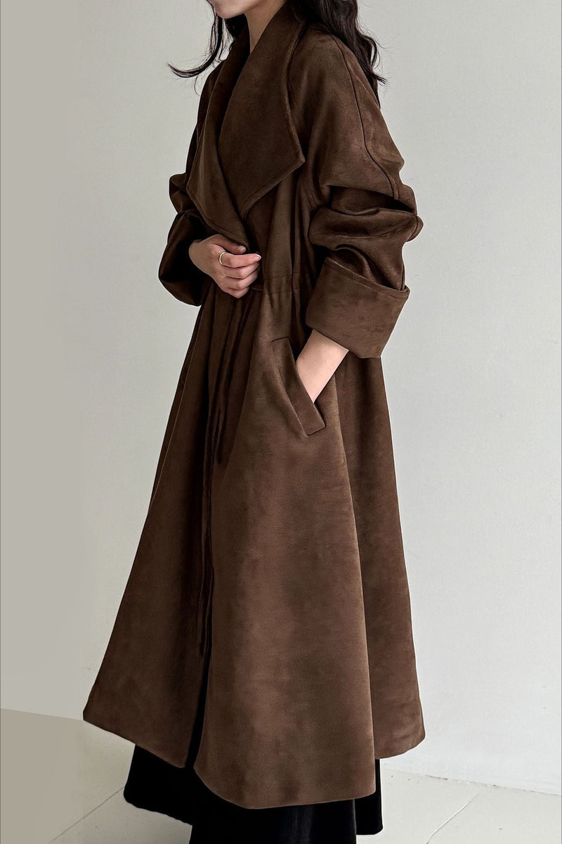 Drawstring Notch Collar Long Relaxed Overcoat