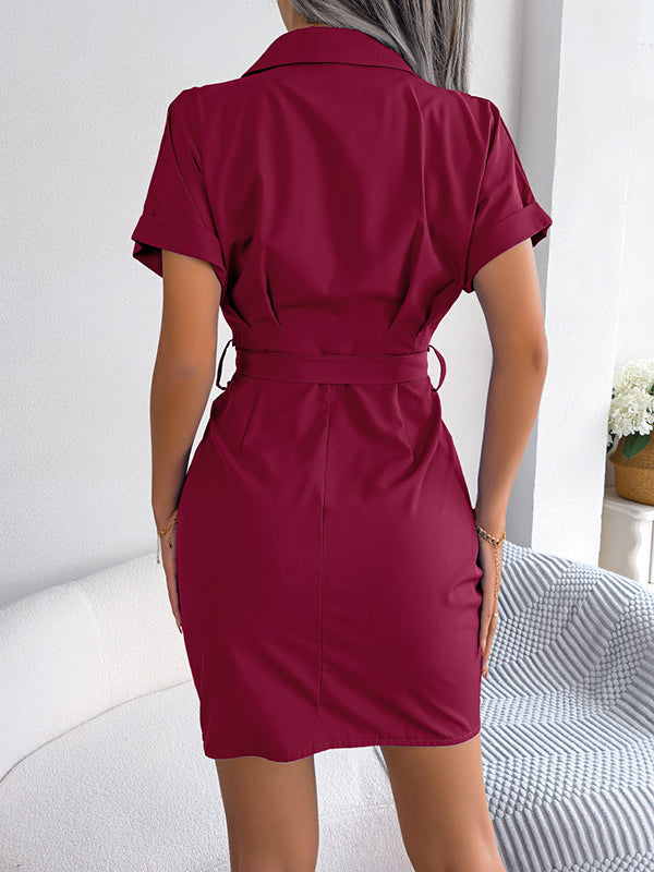 Short Sleeves Bandage Pleated Color Lapel Mini Dresses