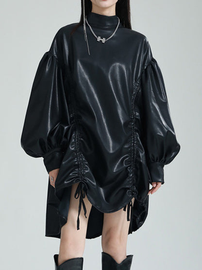 High-low Long Sleeves Drawstring Pleated Color Stand Collar Mini Dresses