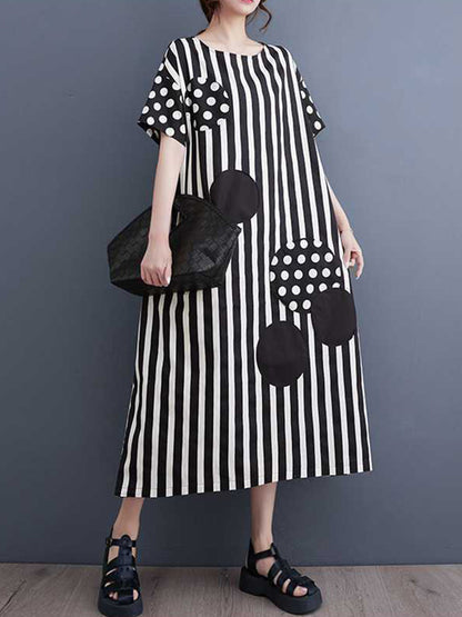 Loose Short Sleeves Polka-dot Striped Round-neck Midi Dresses