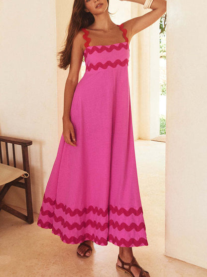 A-line High Waisted Contrast Color Zipper Square-neck Midi Dresses