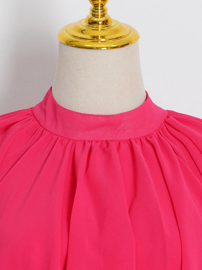 Loose Raglan Sleeve Color Tiered Stand Collar Maxi Dresses