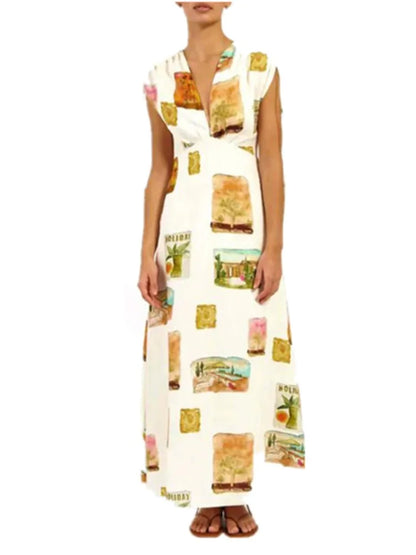Ramie Colorful Printed Long Dresses for Sleeveless V-neck Y2k Style Dress Temperament A-line Maxi Vestidos