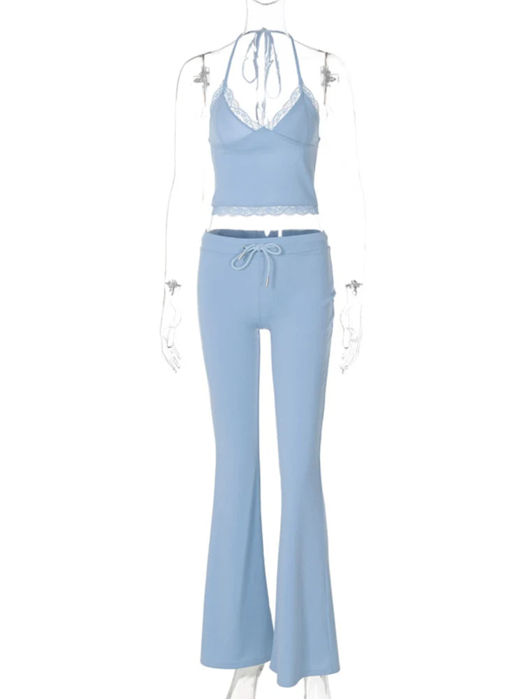V-neck Strapless Wide-leg Pants Suit Lace V Neck Top Lace-up Long Trousers Summer Two Piece Sets