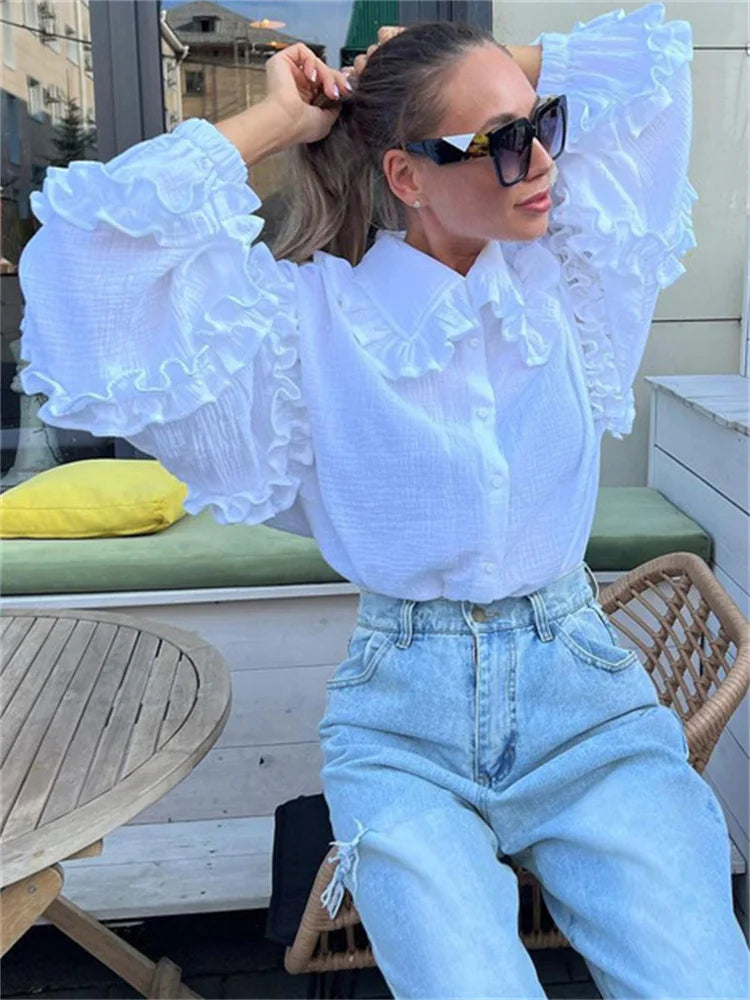 White Ruffled Shirts for Patchwork Cardigan Lapel Long Sleeve Outwear Slim Shirts New