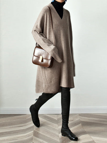 Stylish Long Sleeves Loose Color V-neck Sweater Dresses