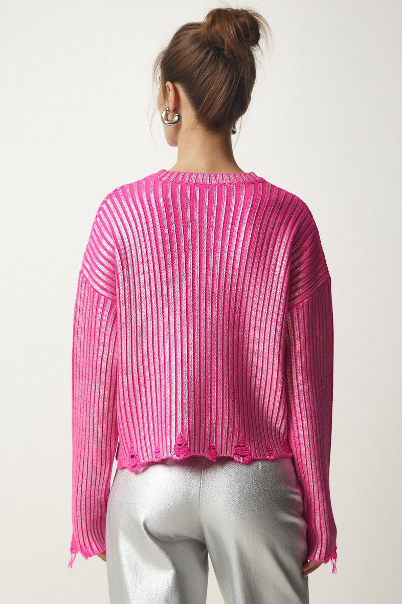 Simple Silver Foil Loose Slim Long Sleeve Sweater