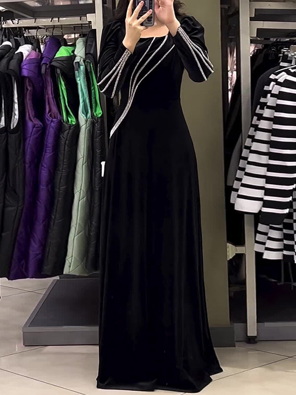 Color Tied Waist A-line Sequined Long Sleeves Maxi Dresses