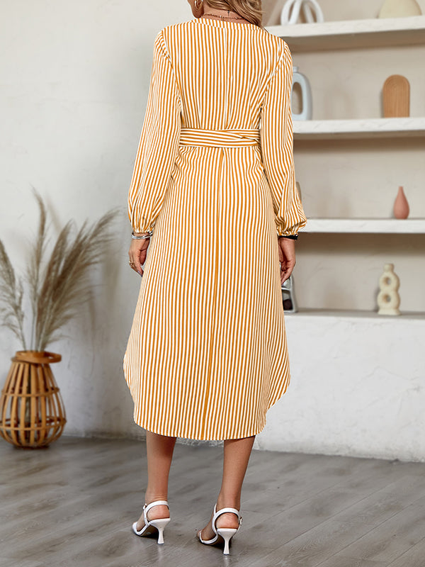A-line Long Sleeves Striped Tied Waist V-neck Midi Dresses Shirt Dress