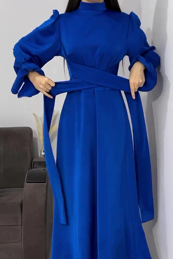 Color Ruffled Sleeves Waisted Tie Slim Fit Maxi Dress