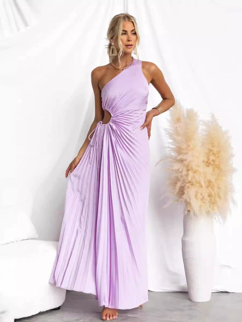 Pleated One Shoulder Cut-out Waist Midi Dress