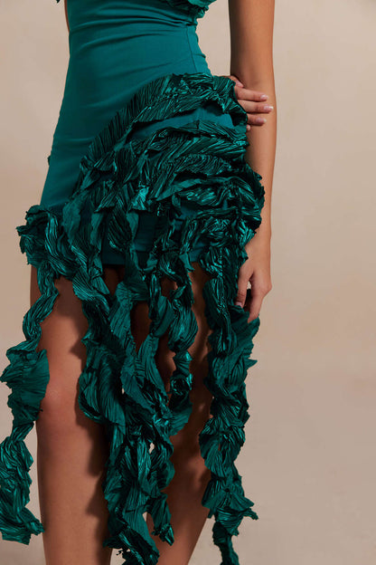 Color Ruffled Fringe Strapless Midi Dress