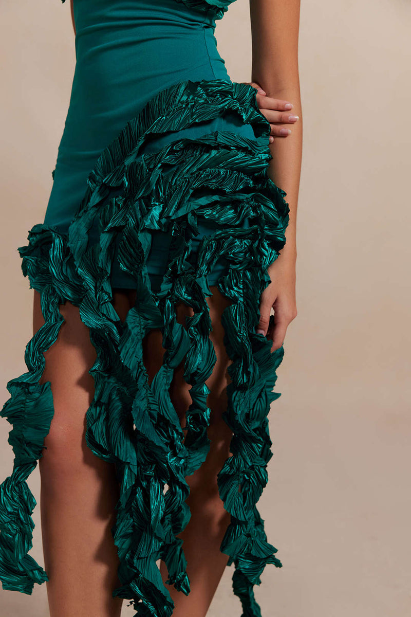 Color Ruffled Fringe Strapless Midi Dress