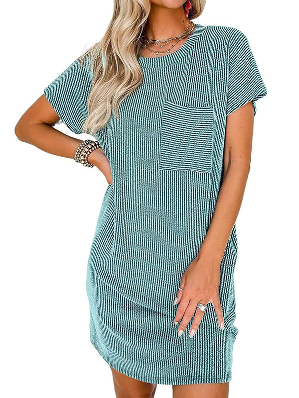 A-line Loose Contrast Color Pockets Split-joint Striped Round-neck Mini Dresses