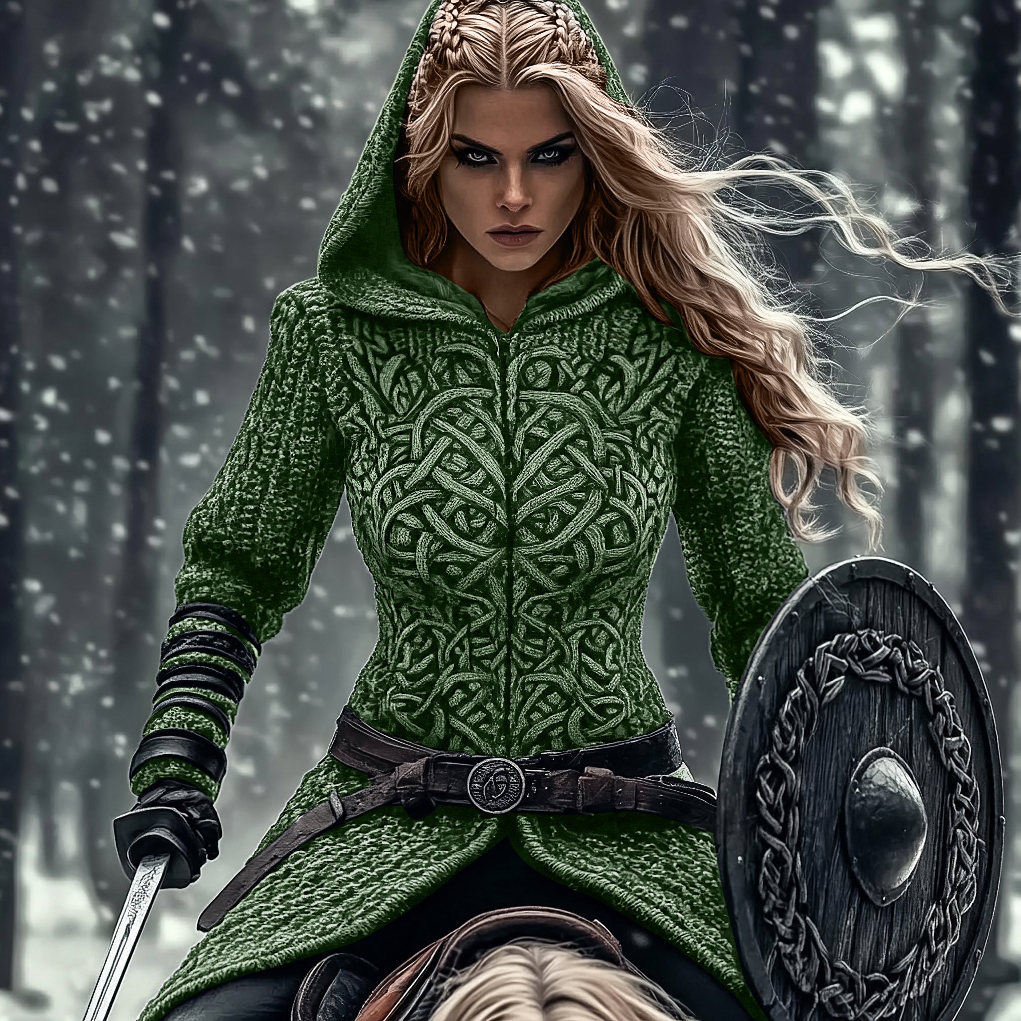 Women's Viking Tribal Jacquard Celtic Chunky Knit Zip-up Hooded Sweater artswardrobe