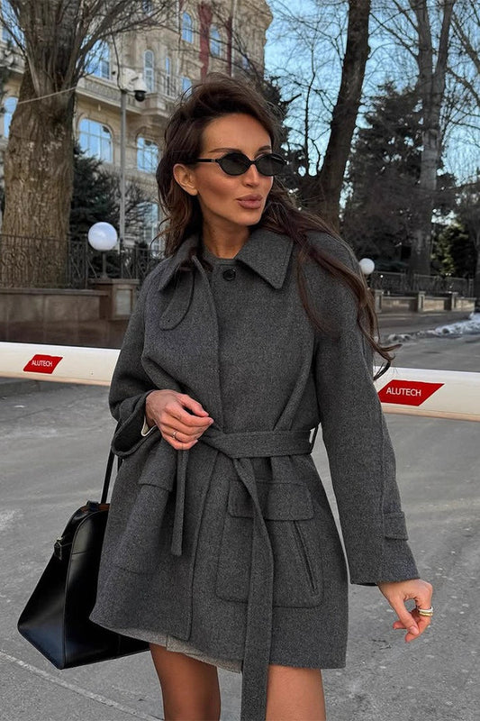 Color Lapel Belted Wool Coat