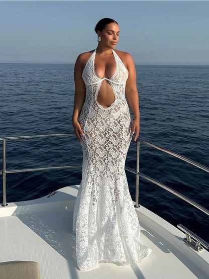 Hollow Out Lace Long Dress for See-through Sleeveless Backless Printed Party Dress Summer Maxi Dress