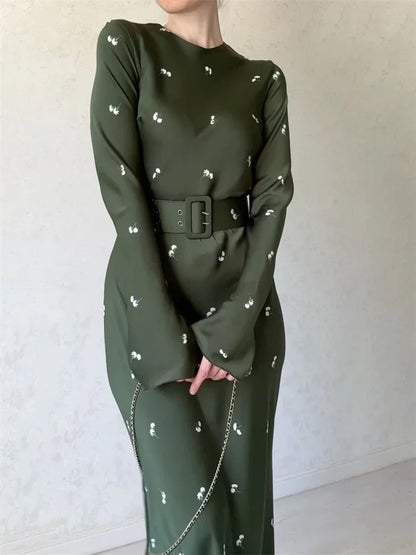 High Waist Long Dress Long Sleeve Slim Ruffled Patchwork Party Dress Printed Maxi Dress