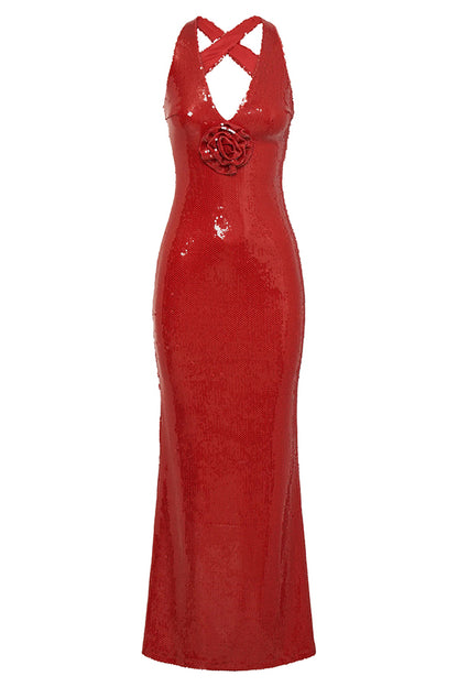 Sicilian Rose Sequin Three-dimensional Backless Maxi Dress