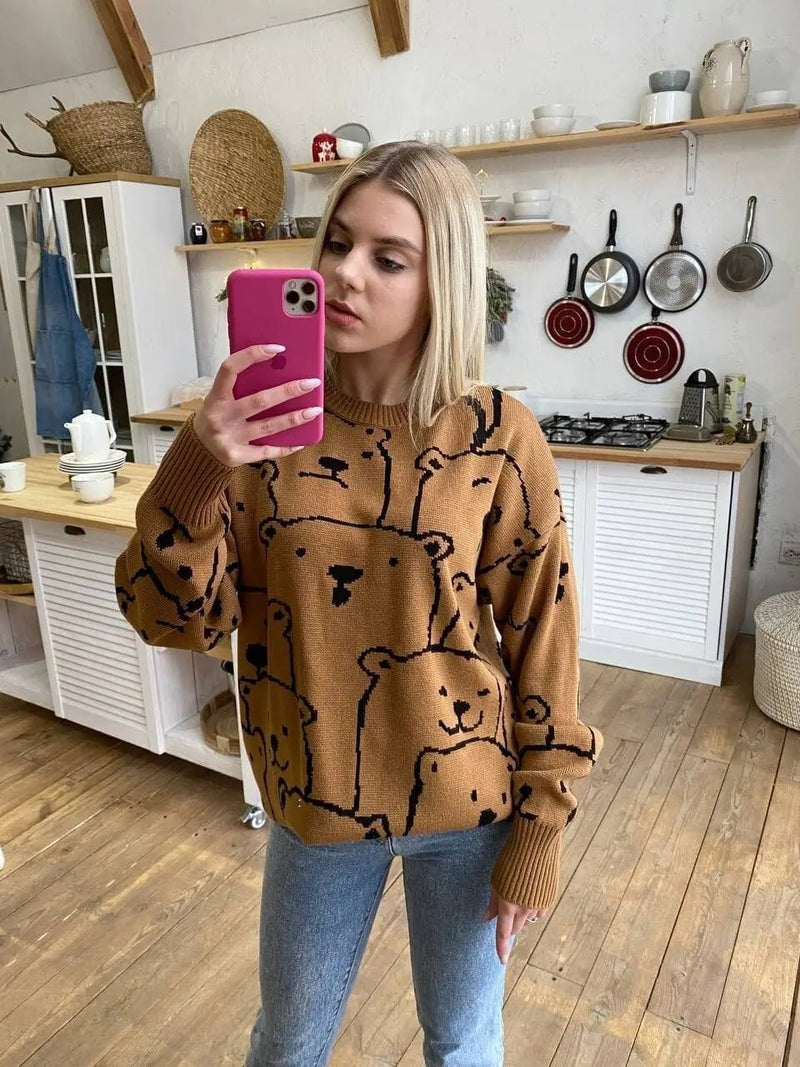 Smiley Polar Bear Knit Sweater Dress - Brown