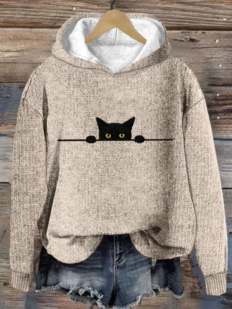 Comstylish Women's Casual Funny Black Cat Print Hood Sweater