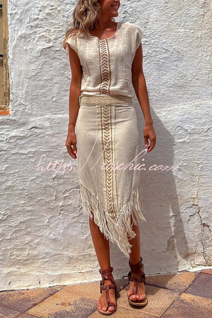 Chill Style Linen Blend Print Wrap Tassel Midi Skirt