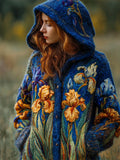 Vintage Irises Felt Embroidered Cozy Knit Hooded Cardigan