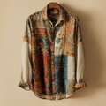 Western Style Bohemian Plant Flower Pattern Color Block Patchwork Retro Cotton And Linen Men's Shirt elevenforest