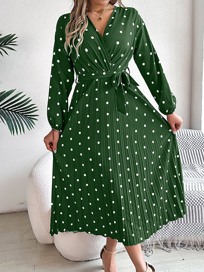 A-line High Waisted Elasticity Pleated Polka-dot Split-joint Tied Waist V-neck Midi Dresses Shirt Dress