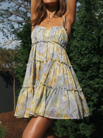 A-line Loose Flower Print Layered Pleated Split-joint Tied Spaghetti-neck Mini Dresses