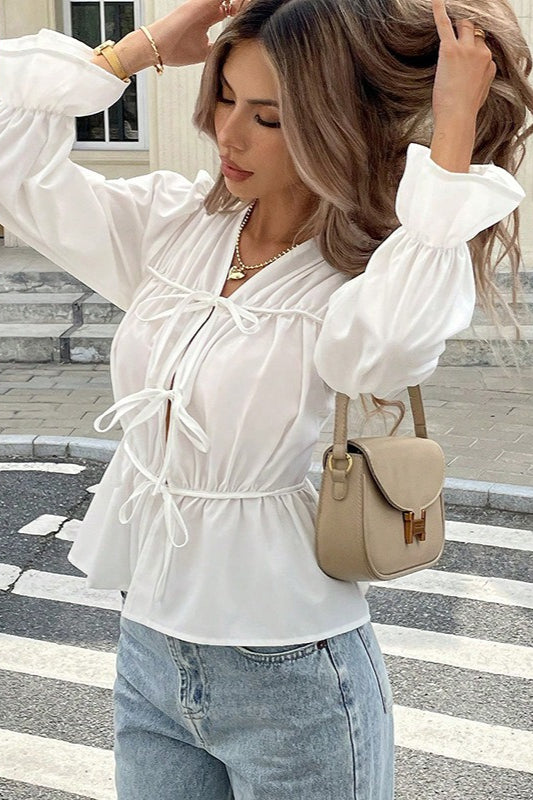 Waist-tie Long-sleeve Cardigan Blouse