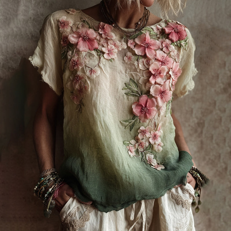 Vintage Cherry Blossom Gradient Art  Linen T-shirt elevenforest