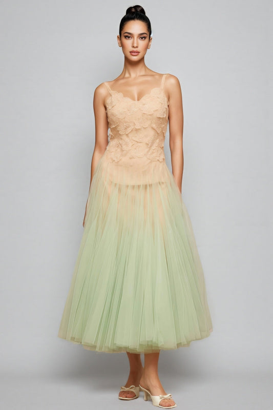 Ylane Halter Mesh Puff Maxi Dress