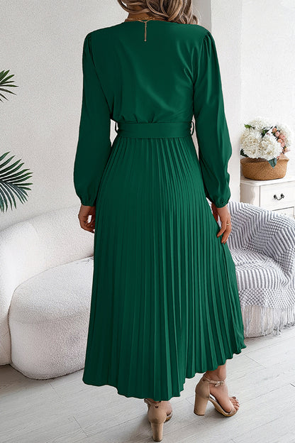 Color V-neck Buttoned Lace-up Pleated Maxi Dress