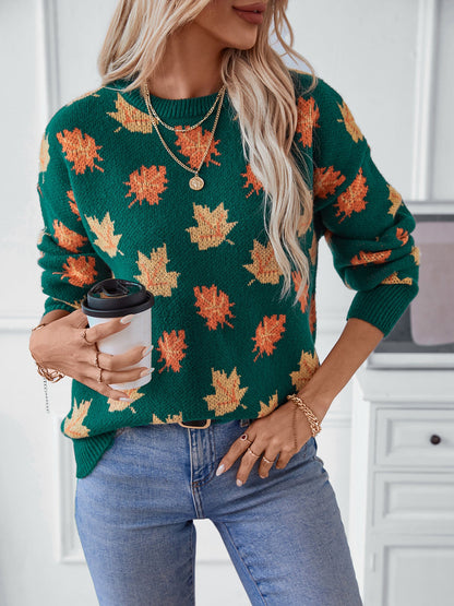 Maple Leaf Pattern Jacquard Pullover Sweater for