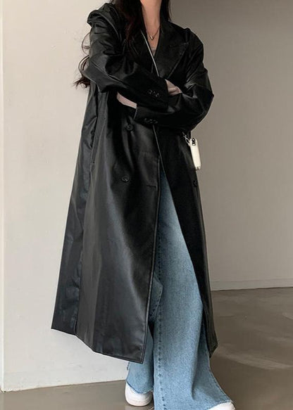 Retro Black Pu Leather Trench Coat - Double-breasted
