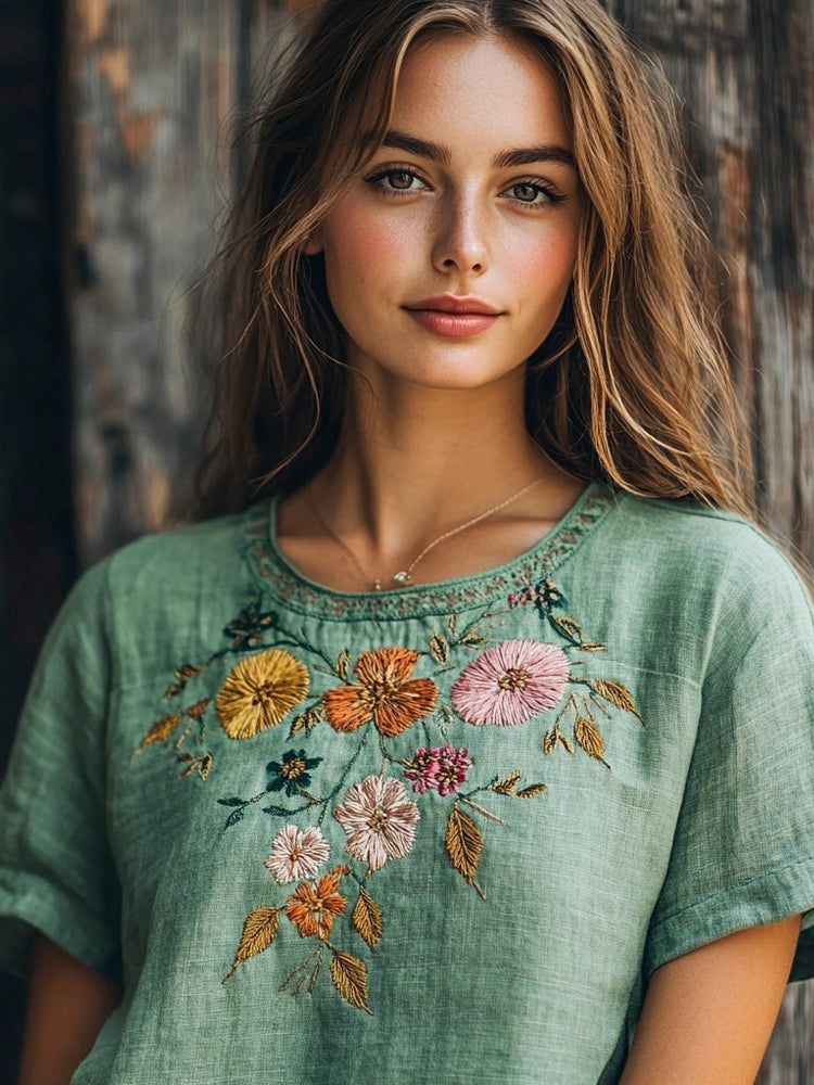 Boho Ethnic Floral Embroidery Women's Linen T-shirt elevenforest