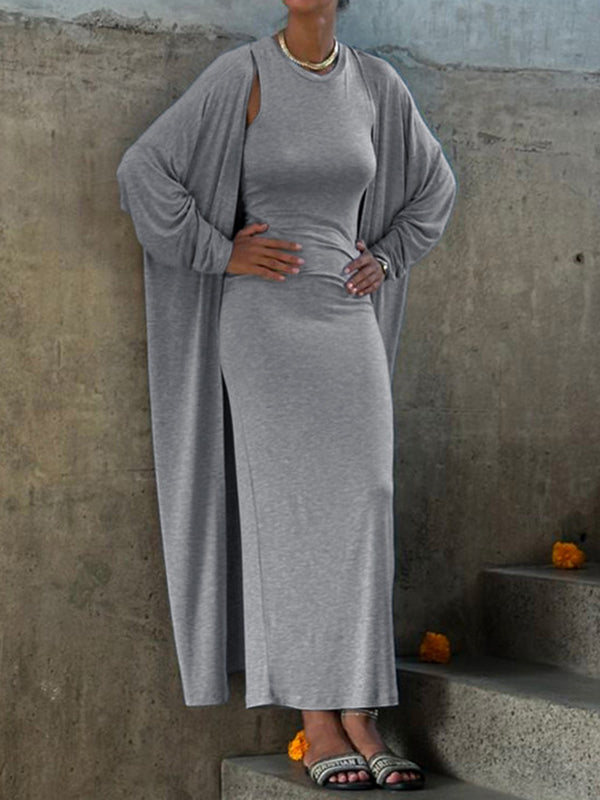 Long Sleeves Color Round-neck Inner Dress + Bodycon Outerwear Two Pieces Set