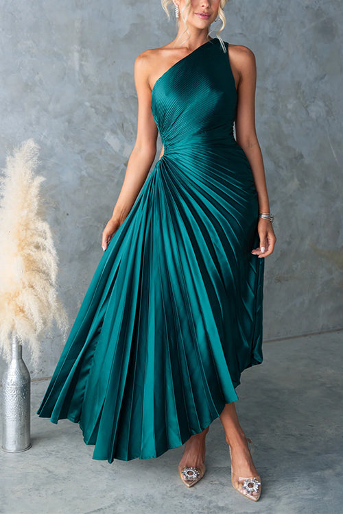 Moxidress One Shoulder Cut Out Waist Pleated Satin Maxi Dress