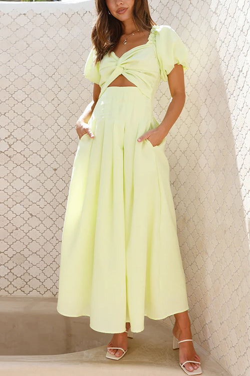 Puff Sleeves Twist Front Cut Out Swing Maxi Dress