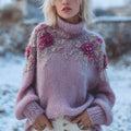 Comstylish Vintage Purple Roses Embroidered Cozy Knit Turtleneck Sweater