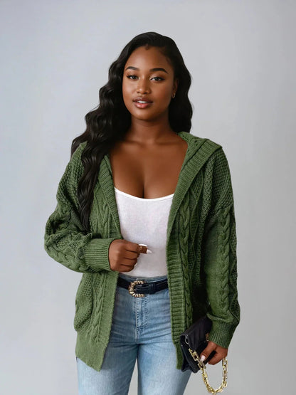 Hooded Cable Knit Cardigan Open Front