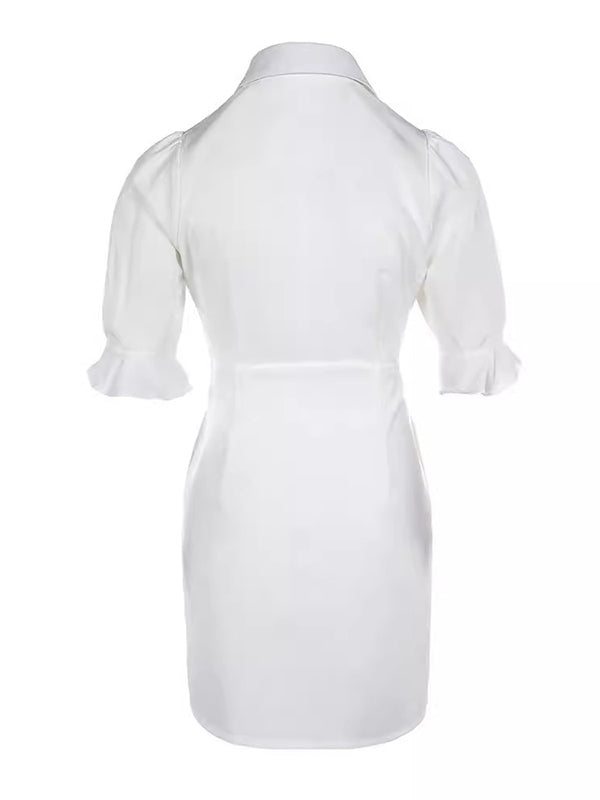 Puff Sleeves Short Sleeves Color Split-joint Lapel Mini Dresses Shirt Dress