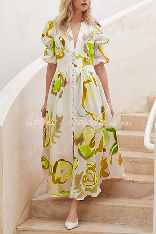 Lover's Gaze Watercolor Printed Puff Sleeve Button Maxi Dress